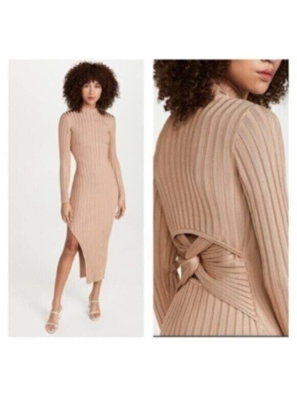 Anthropologie Feminine Ribbed Slit Dress Neutral Cut Out Party Chic Stretch